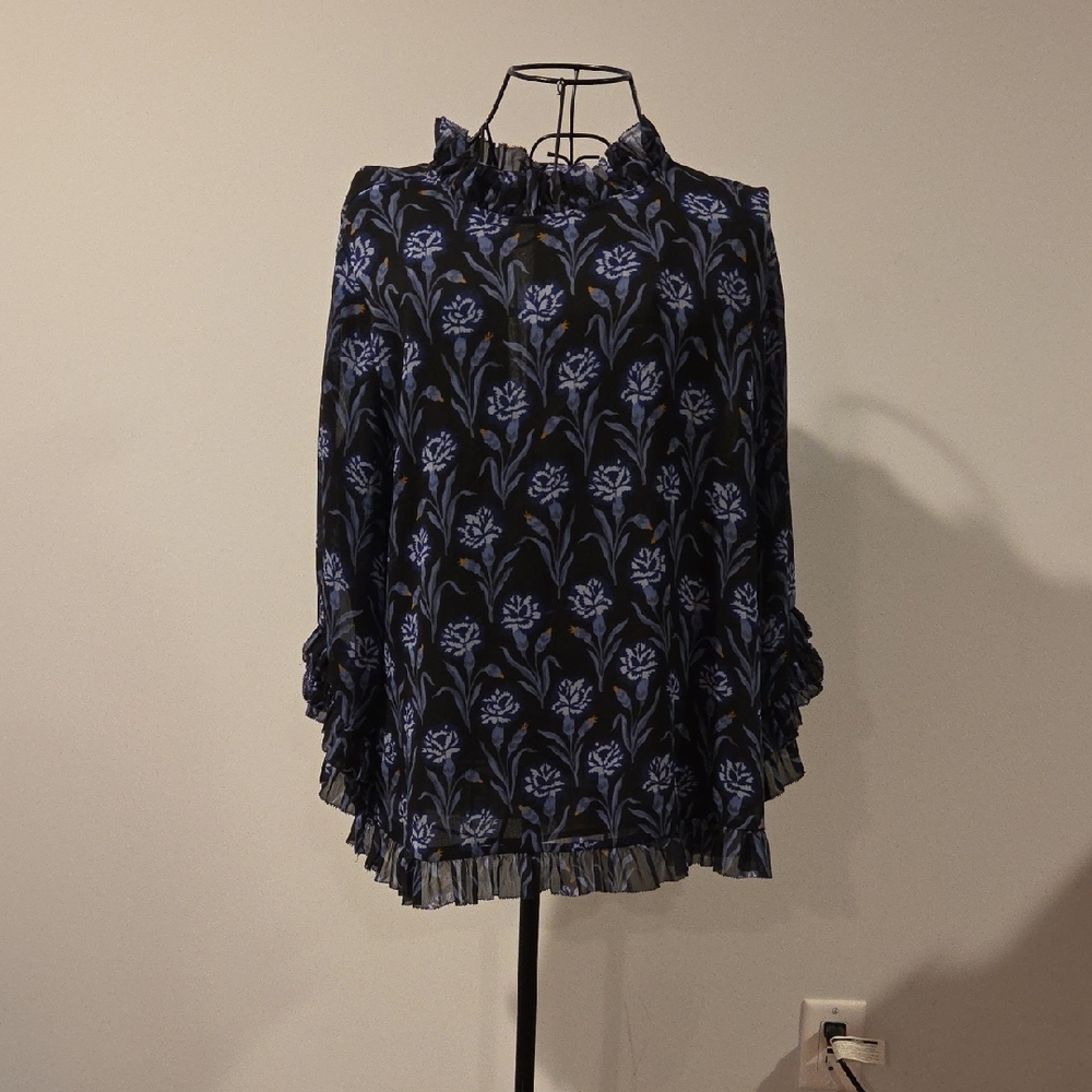 Ann Taylor Factory Black Blouse with Blue Floral Ruffle Details